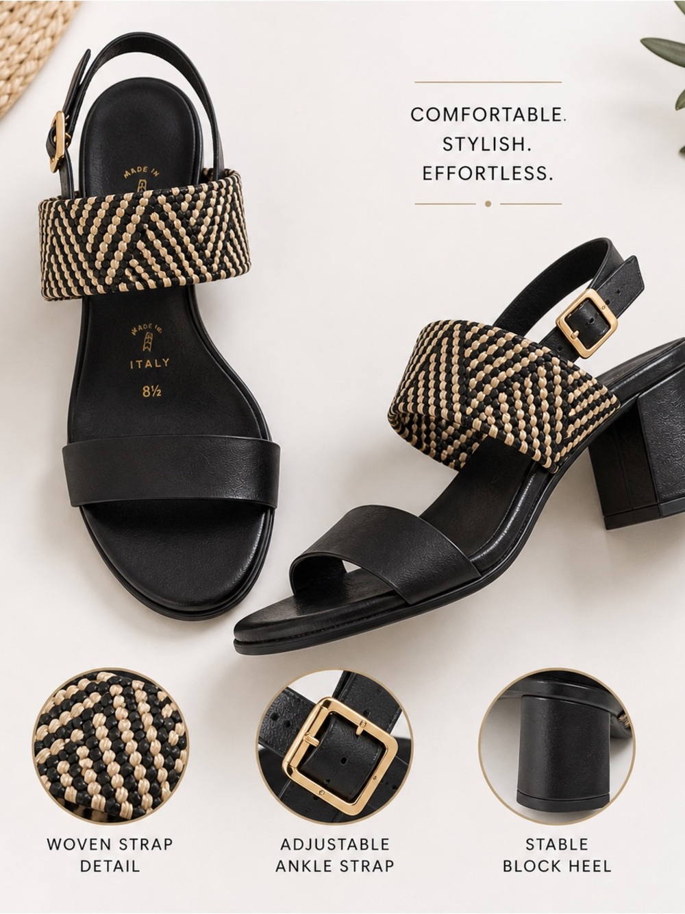 👉 Woven Strap Block Heel Sandals Size 8.5 Black Ankle Strap Chic - Picture 3 of 8